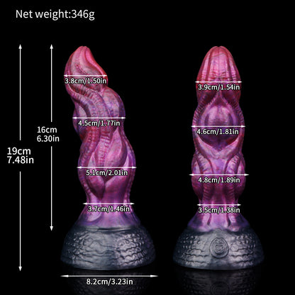 Lumen the Bloomborn dildo, Adrenaline colorway, size chart with insertable length, total length, diameter and weight measurements