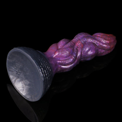 Lumen the Bloomborn dildo, Adrenaline colorway, tilted to show the broad darkened suction-cup base