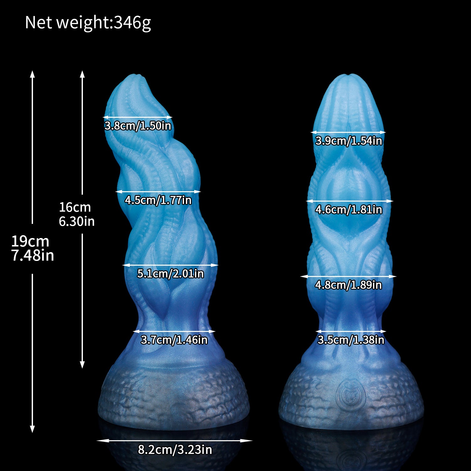 Lumen the Bloomborn dildo, Arctic colorway, size chart with insertable length, total length, diameter and weight measurements