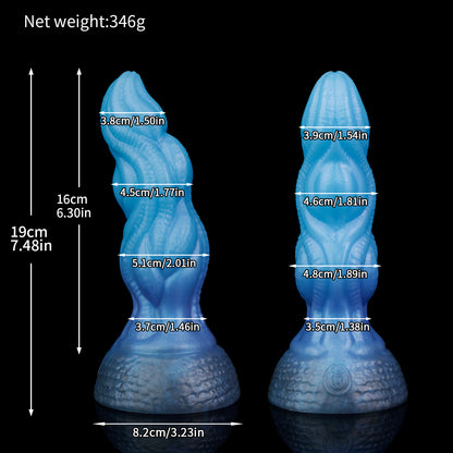Lumen the Bloomborn dildo, Arctic colorway, size chart with insertable length, total length, diameter and weight measurements