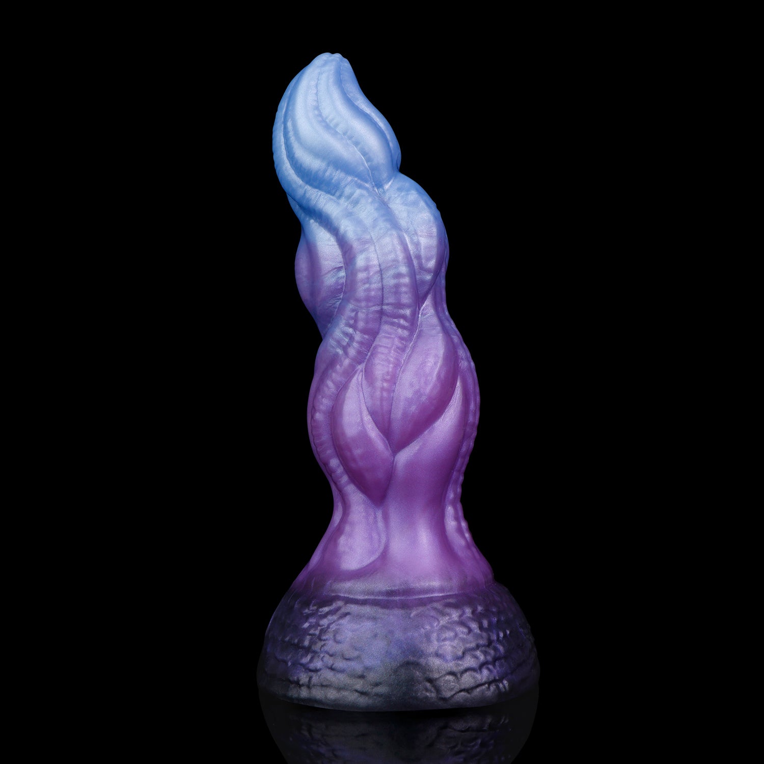 Lumen the Bloomborn dildo, Spectre colorway, standing upright showing the spiraling vein-like ribs winding the shaft