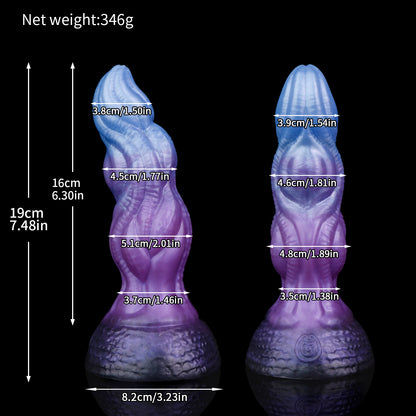 Lumen the Bloomborn dildo, Spectre colorway, size chart with insertable length, total length, diameter and weight measurements