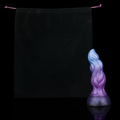 Lumen the Bloomborn dildo, Spectre colorway, shown alongside the included black Lunara's Realm storage pouch