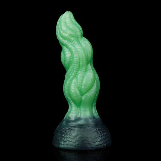 Lumen the Bloomborn dildo, Venom colorway, standing upright showing the spiraling vein-like ribs winding the shaft