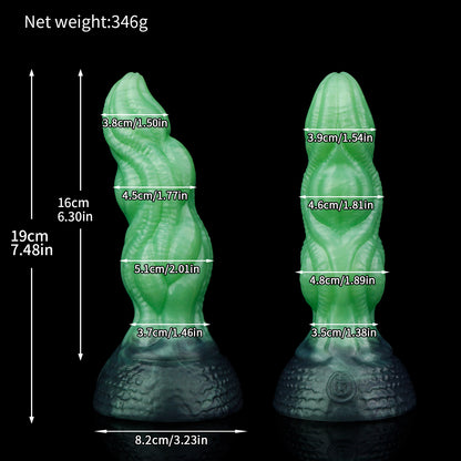 Lumen the Bloomborn dildo, Venom colorway, size chart with insertable length, total length, diameter and weight measurements