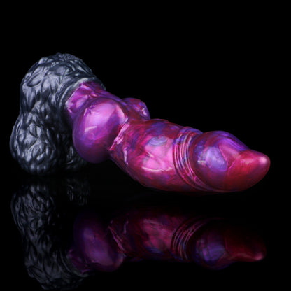 Lycan the Werewolf dildo, Adrenaline colorway, lying on its side in full profile showing metallic purple and crimson streaks over a gunmetal base