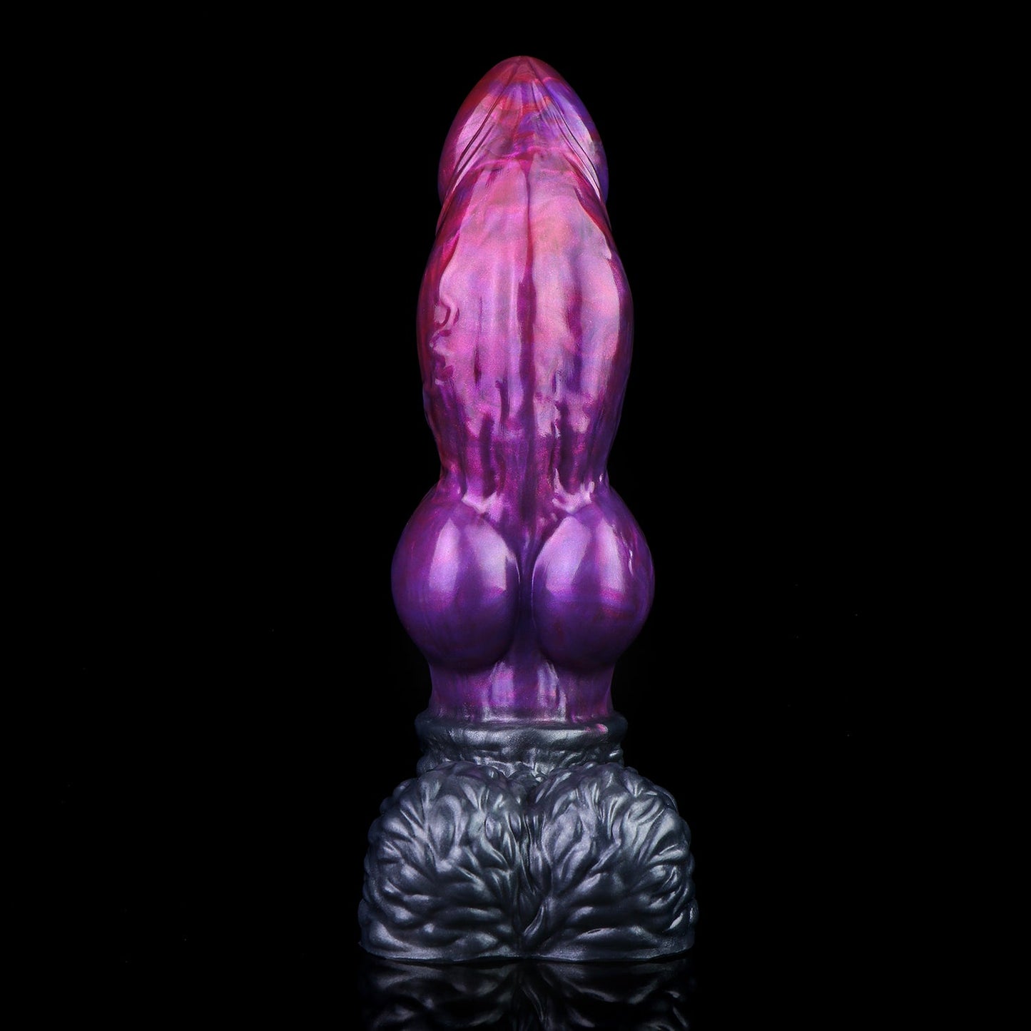 Lycan the Werewolf dildo, Adrenaline colorway, standing upright front-on showing the pointed tip and canine knot