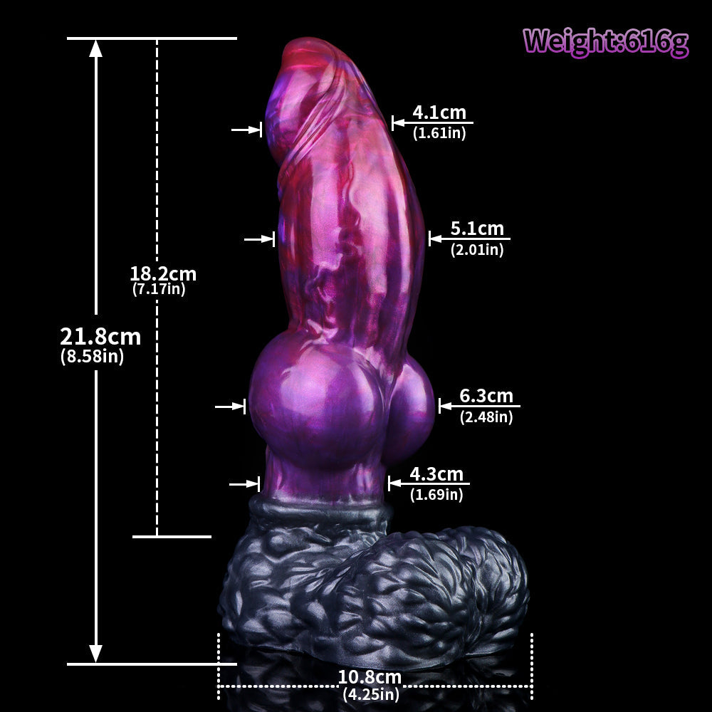 Lycan the Werewolf dildo, Adrenaline colorway, size chart with insertable length, total length and diameter measurements