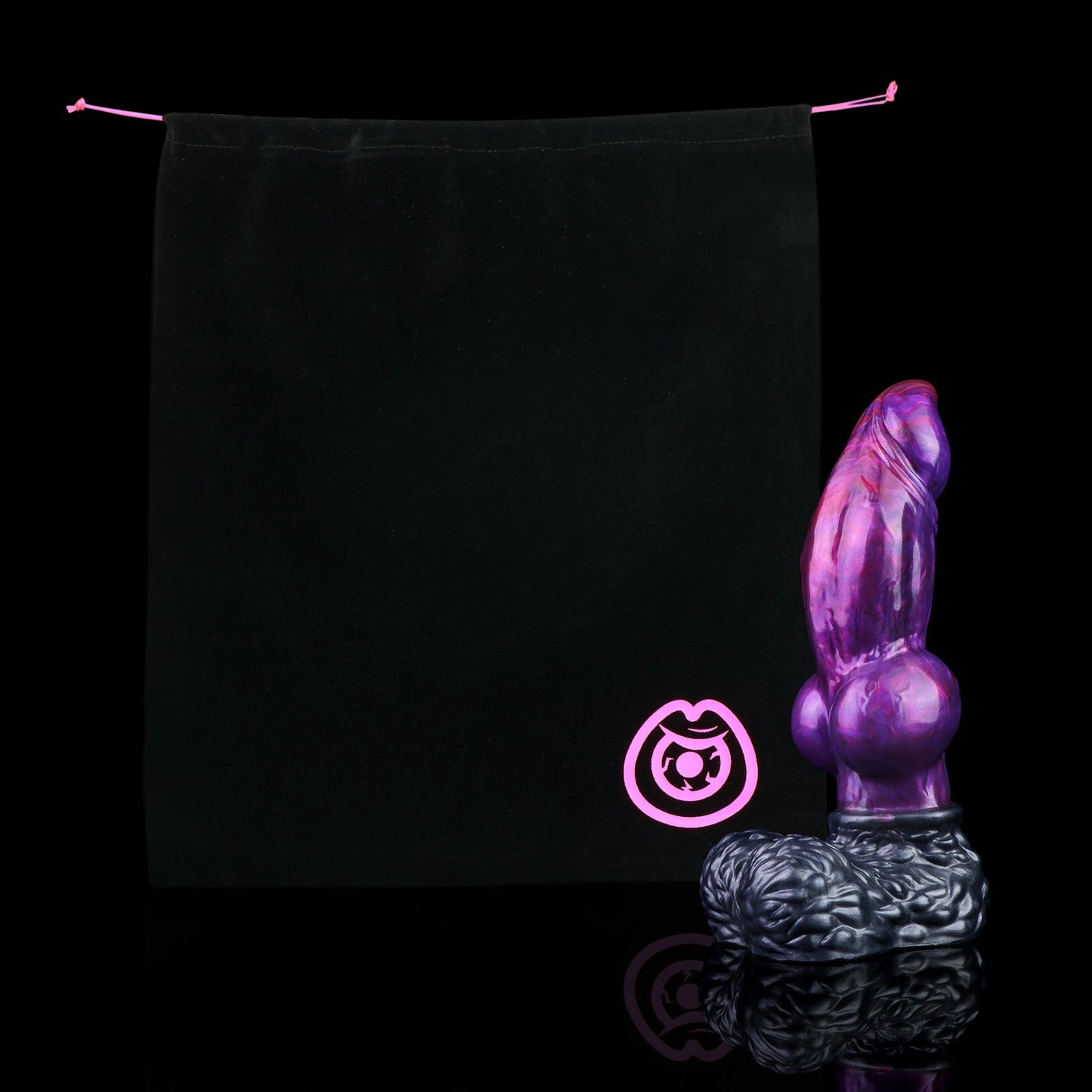 Lycan the Werewolf dildo, Adrenaline colorway, shown alongside the included black Lunara's Realm storage pouch