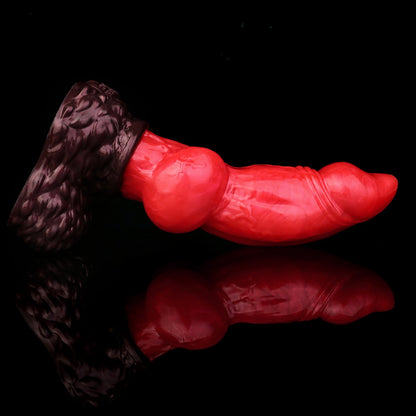 Lycan the Werewolf dildo, Furnace colorway, lying on its side in full profile showing the crimson shaft and deep walnut fur base