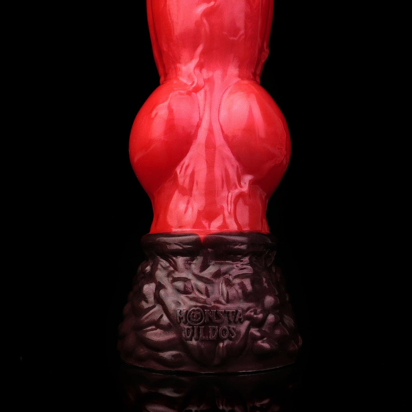 Lycan the Werewolf dildo, Furnace colorway, close-up of the canine knot sitting above the fur-textured base
