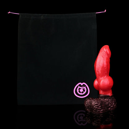 Lycan the Werewolf dildo, Furnace colorway, shown alongside the included black Lunara's Realm storage pouch