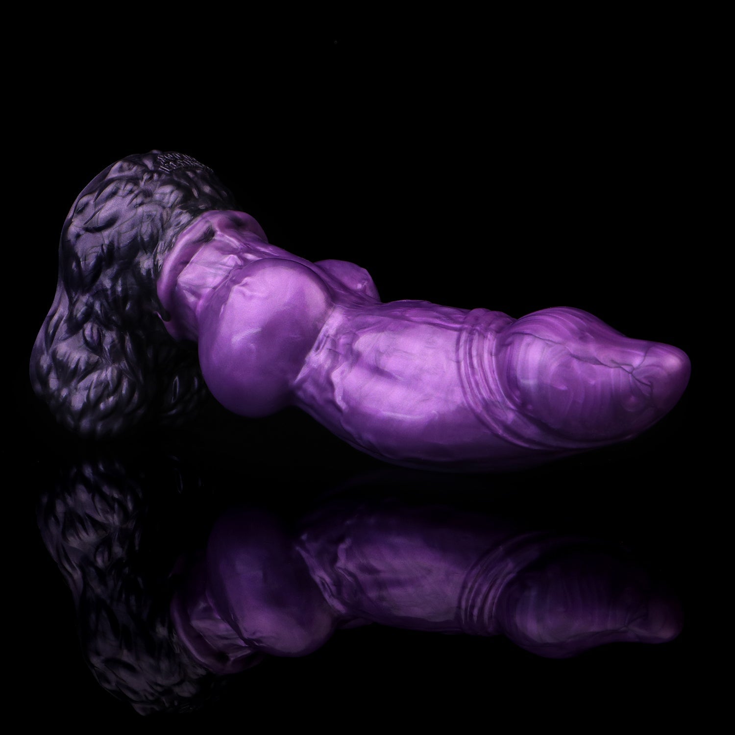 Lycan the Werewolf dildo, Grape colorway, lying on its side in full profile showing the metallic grape shaft and midnight-purple fur base