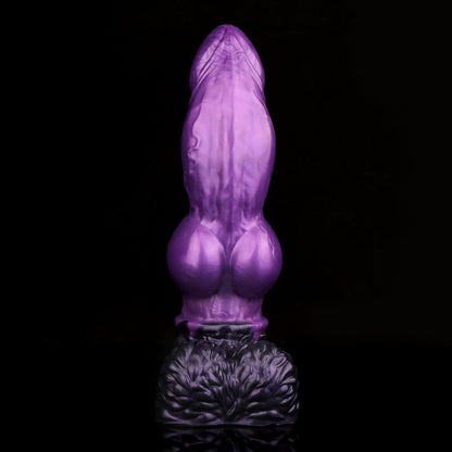 Lycan the Werewolf dildo, Grape colorway, standing upright front-on showing the pointed tip and canine knot
