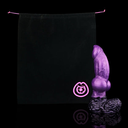 Lycan the Werewolf dildo, Grape colorway, shown alongside the included black Lunara's Realm storage pouch