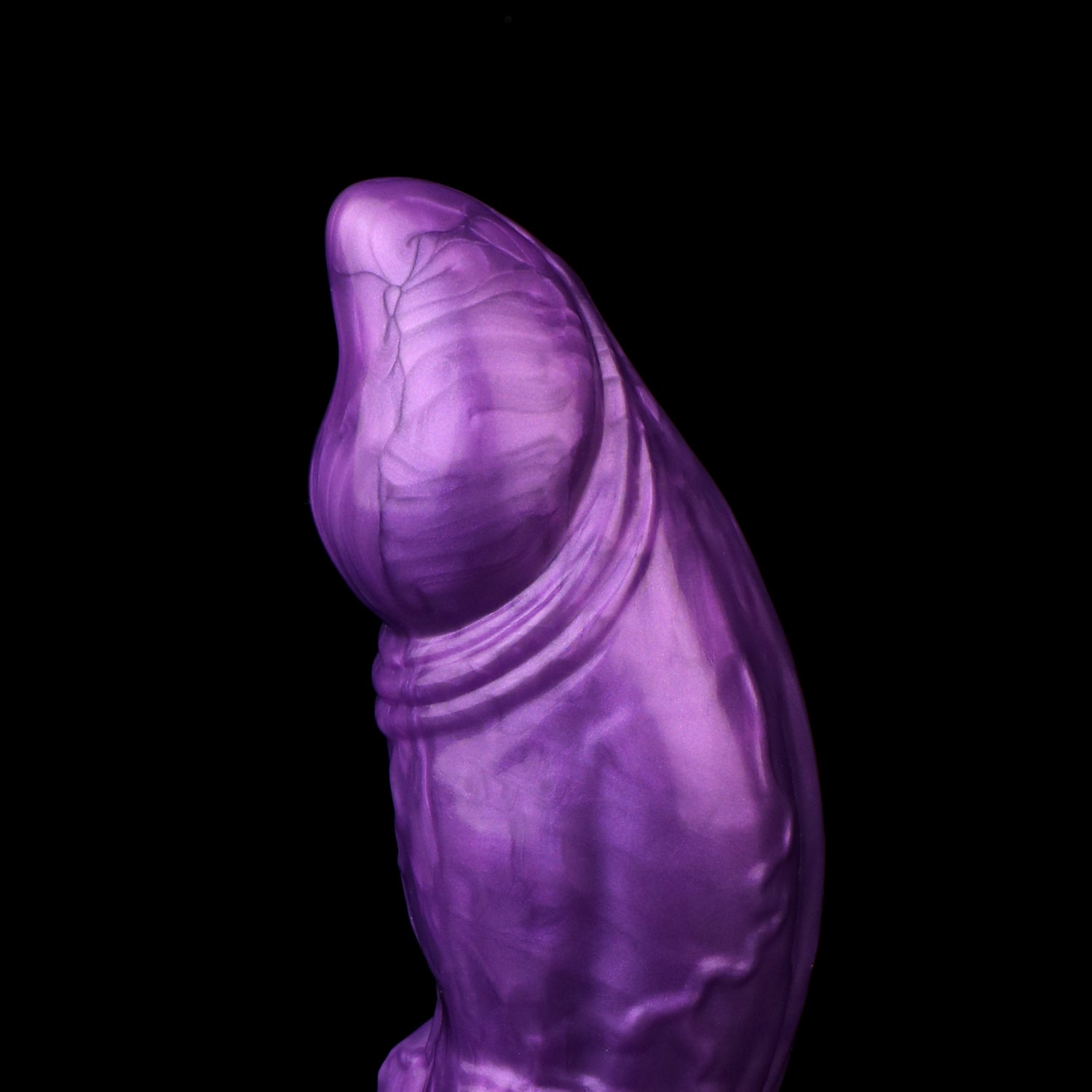Lycan the Werewolf dildo, Grape colorway, close-up of the pointed tip and textured upper shaft