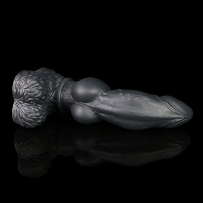 Lycan the Werewolf dildo, Shadow colorway, lying on its side with the fur-textured base to the left