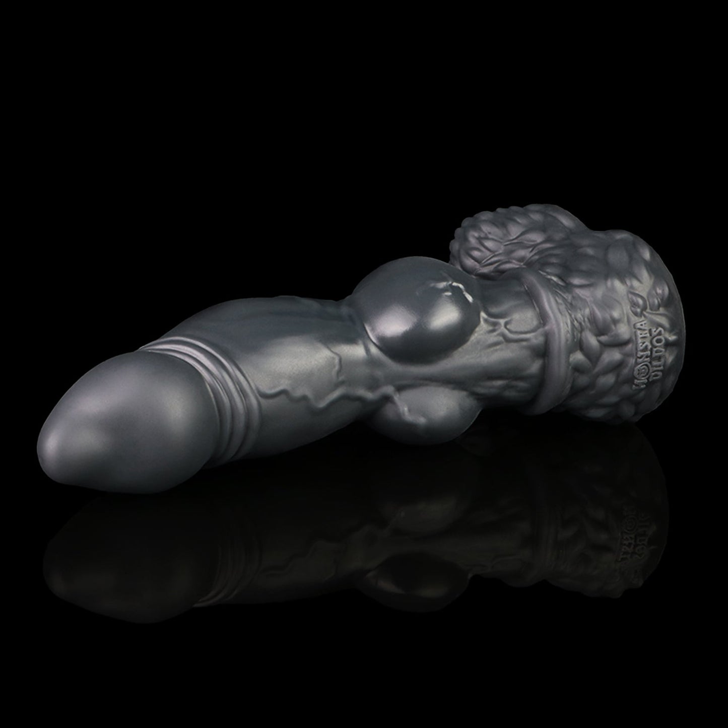 Lycan the Werewolf dildo, Shadow colorway, lying on its side in full profile showing the upward curve of the shaft