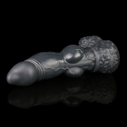 Lycan the Werewolf dildo, Shadow colorway, lying on its side in full profile showing the upward curve of the shaft