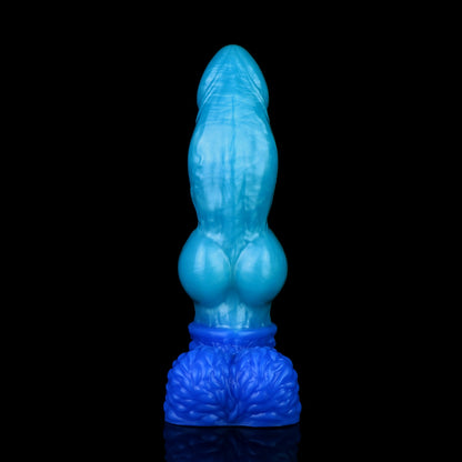 Lycan the Werewolf dildo, Shock colorway, standing upright front-on showing the pointed tip and canine knot
