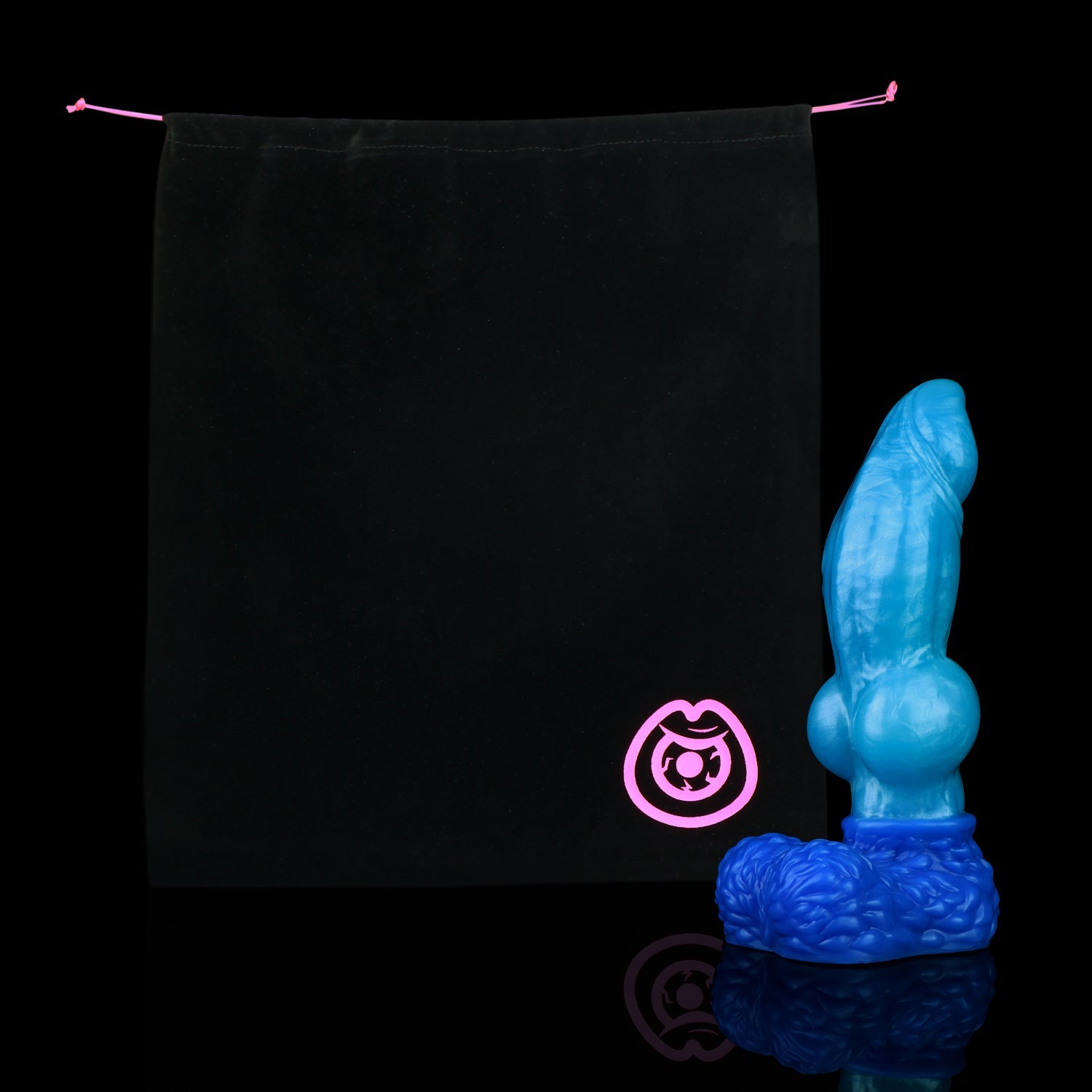 Lycan the Werewolf dildo, Shock colorway, shown alongside the included black Lunara's Realm storage pouch