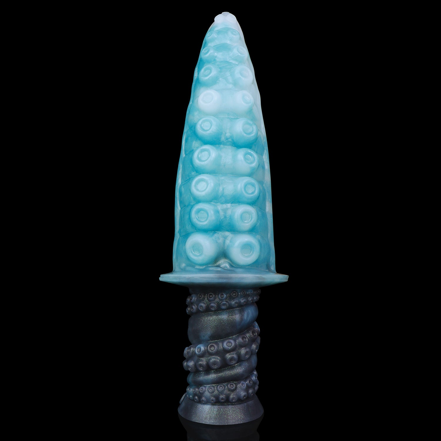 Moros the Deep One dildo, Abyss colorway, standing upright on its ergonomic handle showing the sucker-textured tapered tip