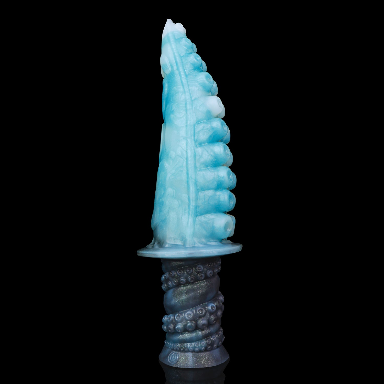 Moros the Deep One dildo, Abyss colorway, standing upright at an angle showing the rows of suckers along the tentacle