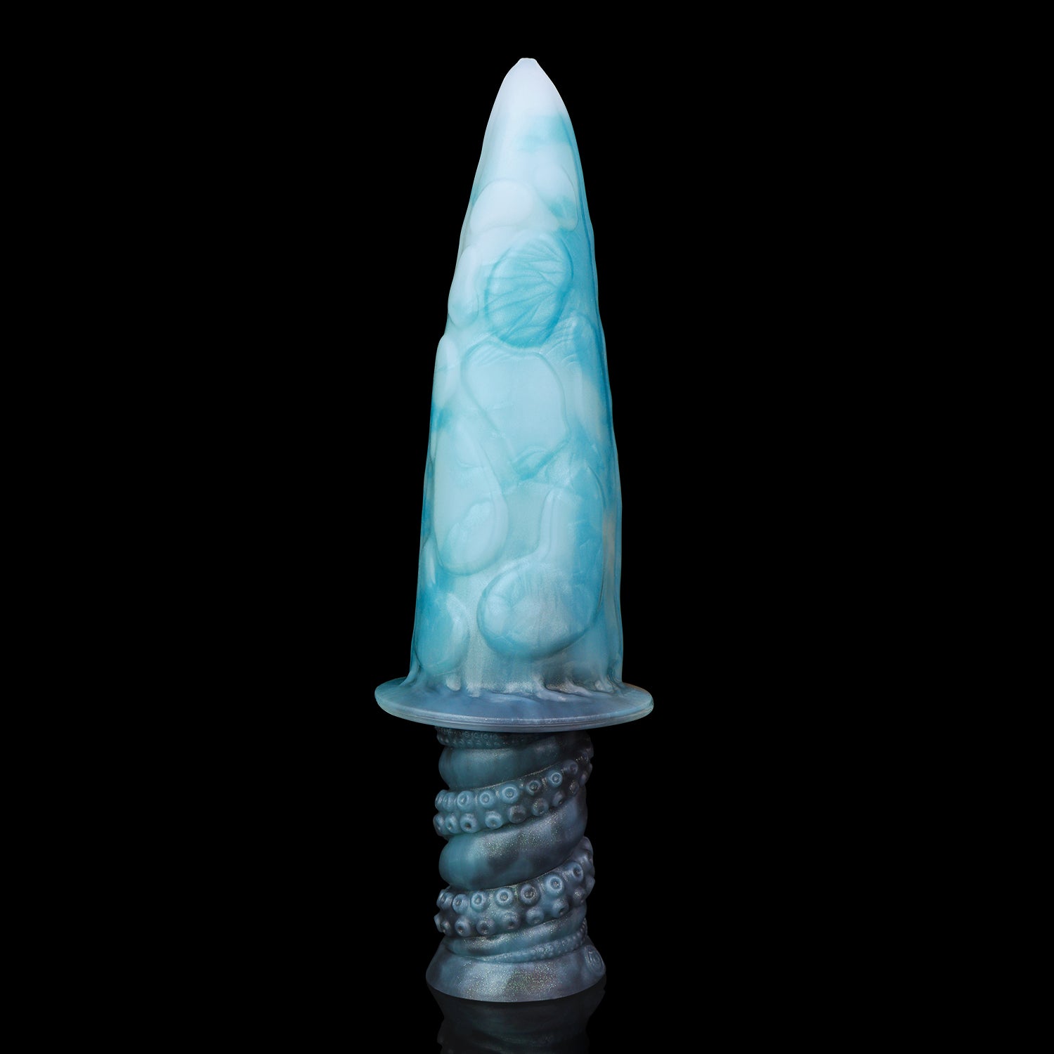 Moros the Deep One dildo, Abyss colorway, standing upright showing the smooth ribbed side of the coiled shaft