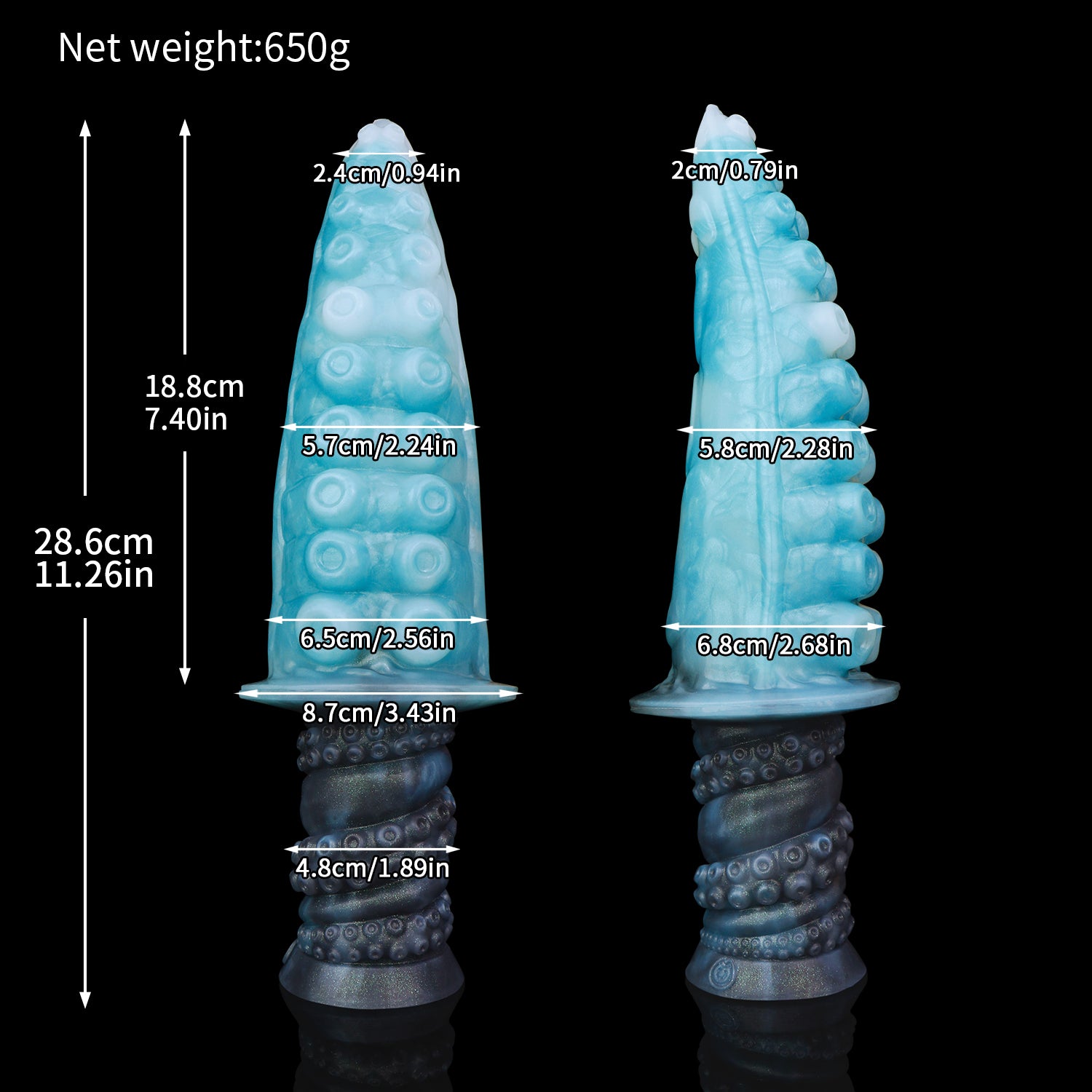 Moros the Deep One dildo, Abyss colorway, size chart with insertable length, total length, diameter and weight measurements