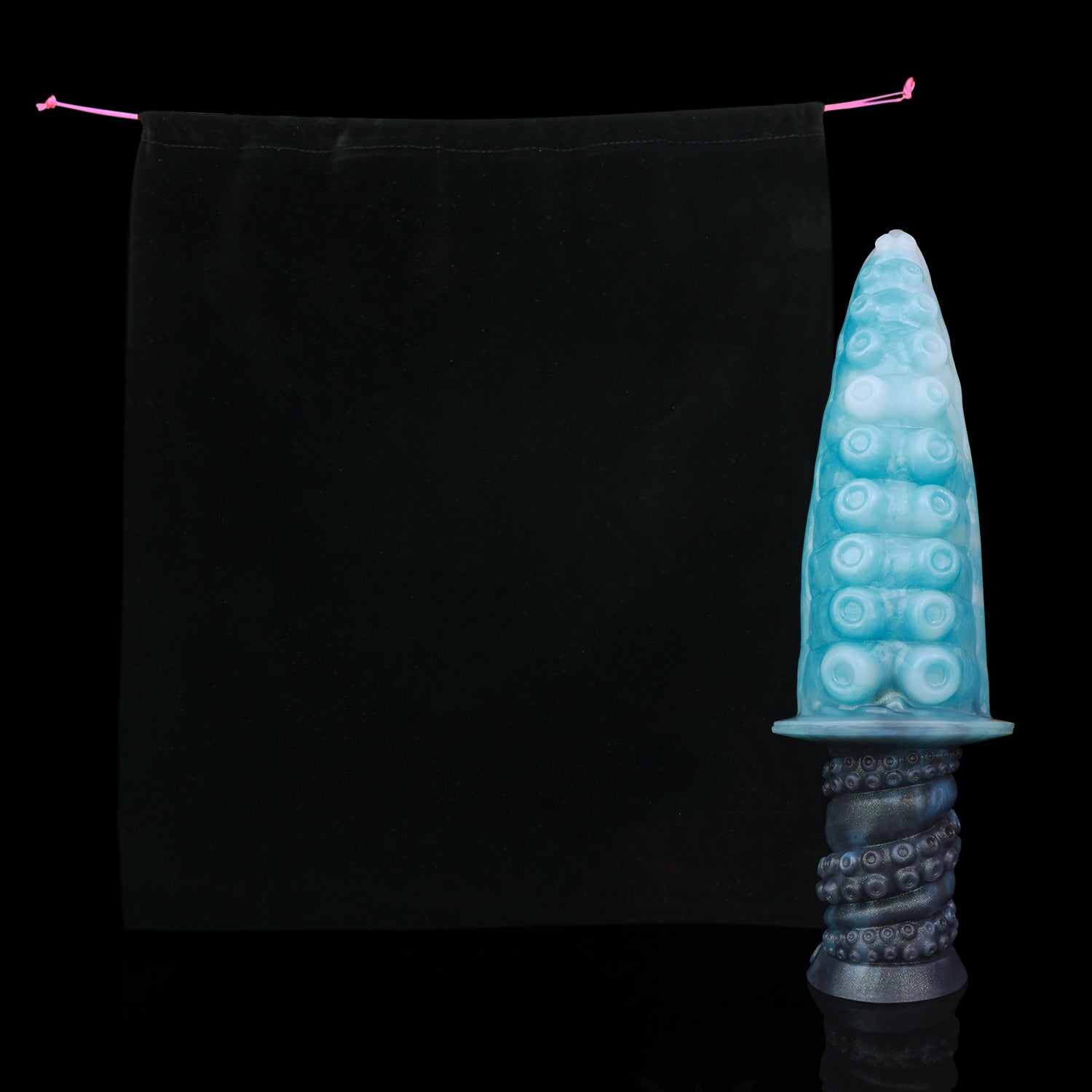 Moros the Deep One dildo, Abyss colorway, shown alongside the included black Lunara's Realm storage pouch