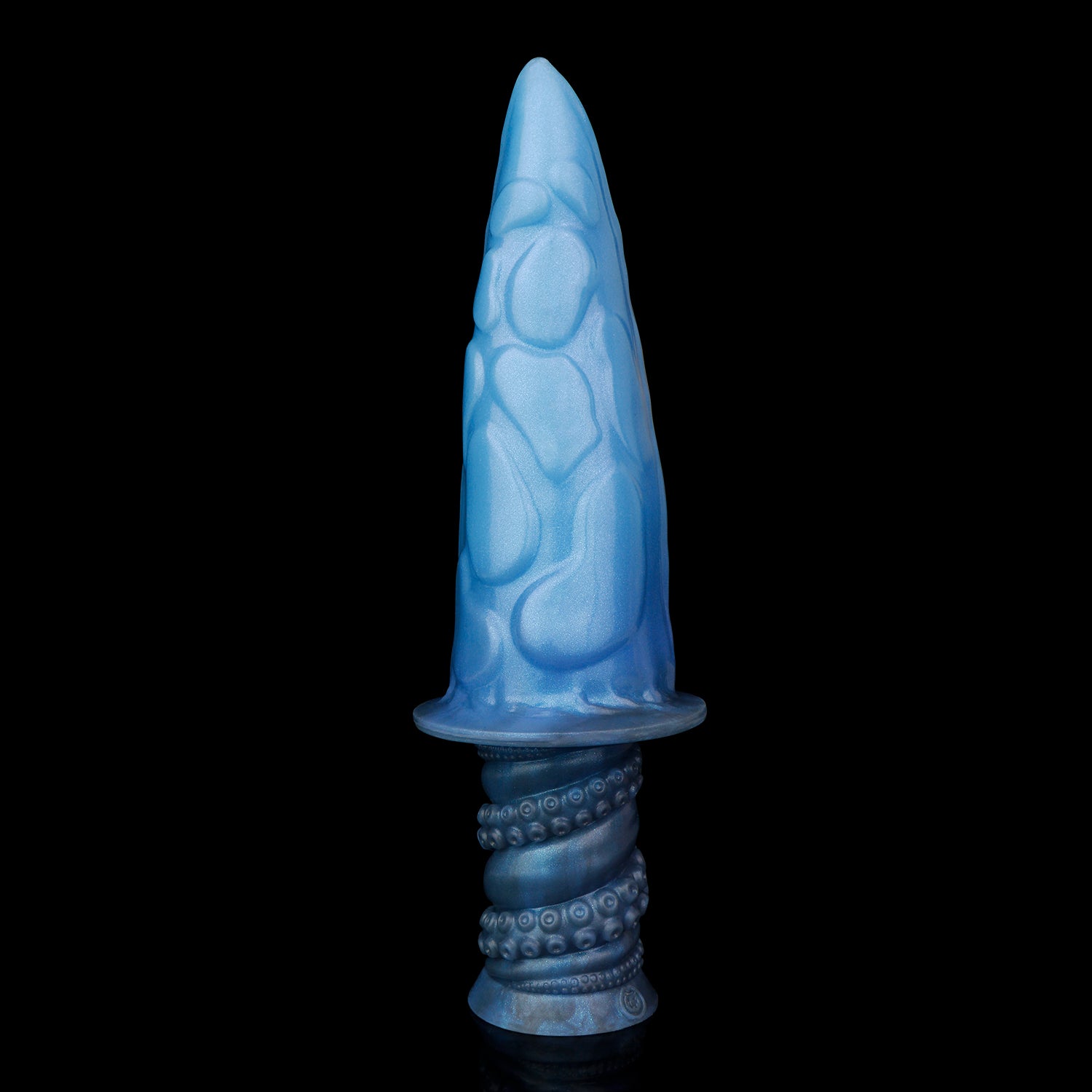 Moros the Deep One dildo, Arctic colorway, standing upright showing the luminous icy blue tentacle above the slate-blue handle