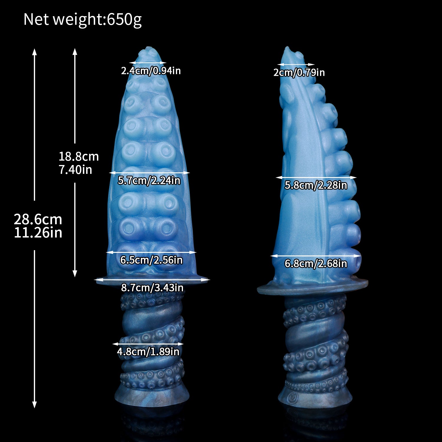 Moros the Deep One dildo, Arctic colorway, size chart with insertable length, total length, diameter and weight measurements