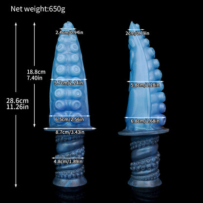 Moros the Deep One dildo, Arctic colorway, size chart with insertable length, total length, diameter and weight measurements