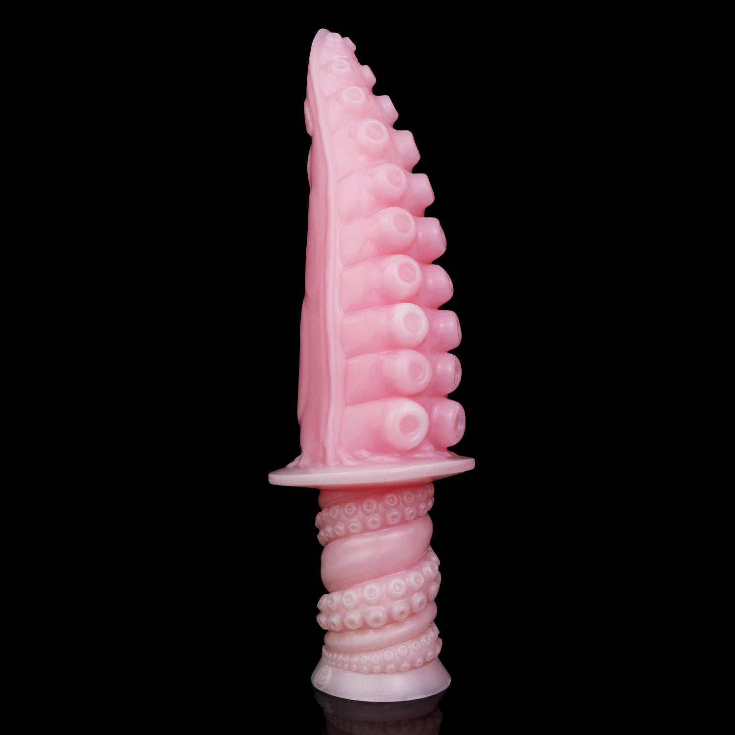 Moros the Deep One dildo, Fairy Floss colorway, standing upright at an angle showing the rows of suckers along the tentacle