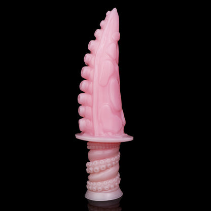 Moros the Deep One dildo, Fairy Floss colorway, standing upright showing the ribbed side of the coiled shaft