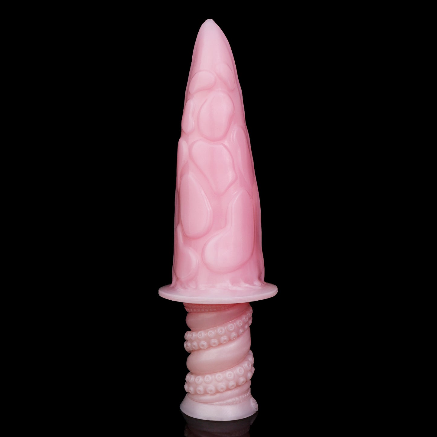 Moros the Deep One dildo, Fairy Floss colorway, standing upright showing the soft uniform pink with shimmering highlights