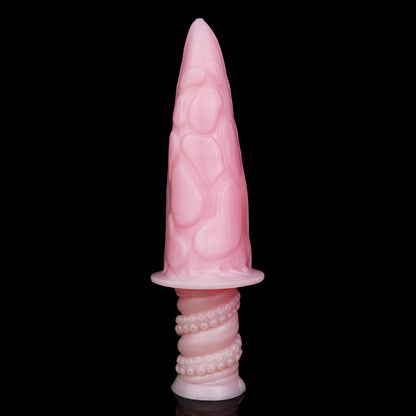 Moros the Deep One dildo, Fairy Floss colorway, standing upright showing the soft uniform pink with shimmering highlights