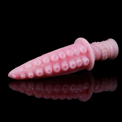Moros the Deep One dildo, Fairy Floss colorway, lying on its side in full profile with the handle to the right