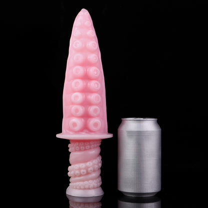 Moros the Deep One dildo, Fairy Floss colorway, standing upright beside a soda can for size comparison
