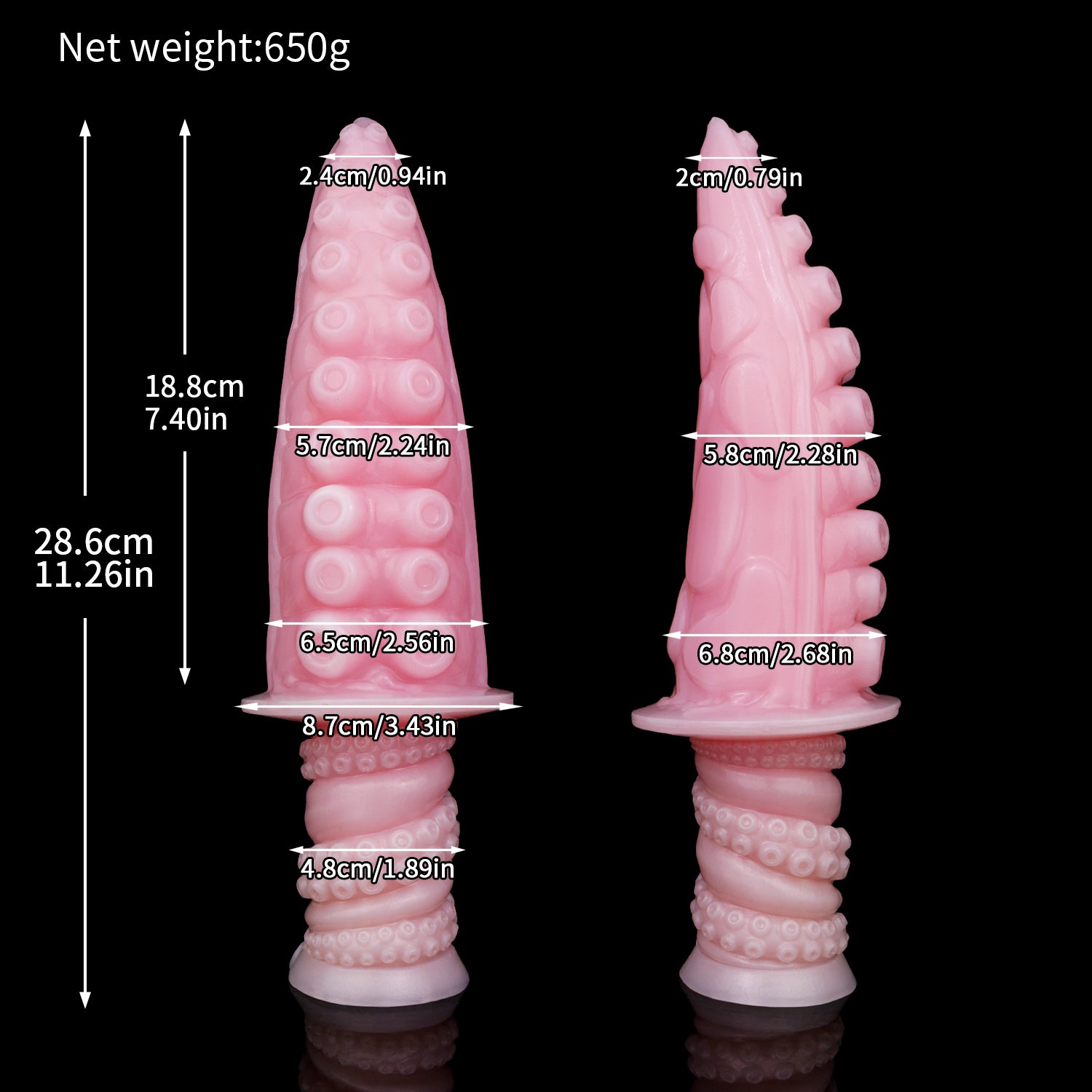 Moros the Deep One dildo, Fairy Floss colorway, size chart with insertable length, total length, diameter and weight measurements