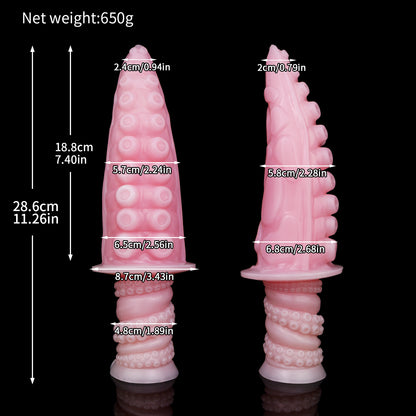 Moros the Deep One dildo, Fairy Floss colorway, size chart with insertable length, total length, diameter and weight measurements
