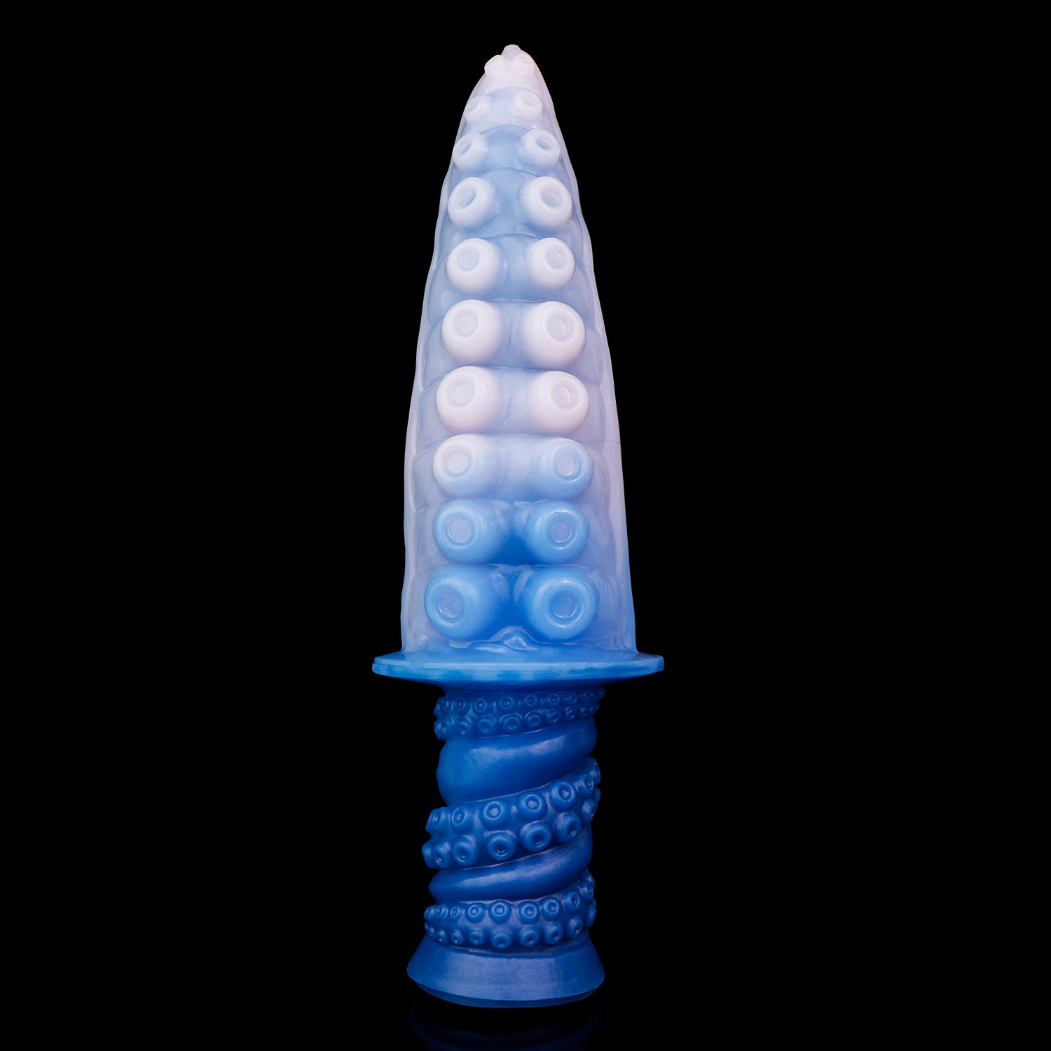 Moros the Deep One dildo, Flux colorway, standing upright on its ergonomic handle showing the sucker-textured tapered tip