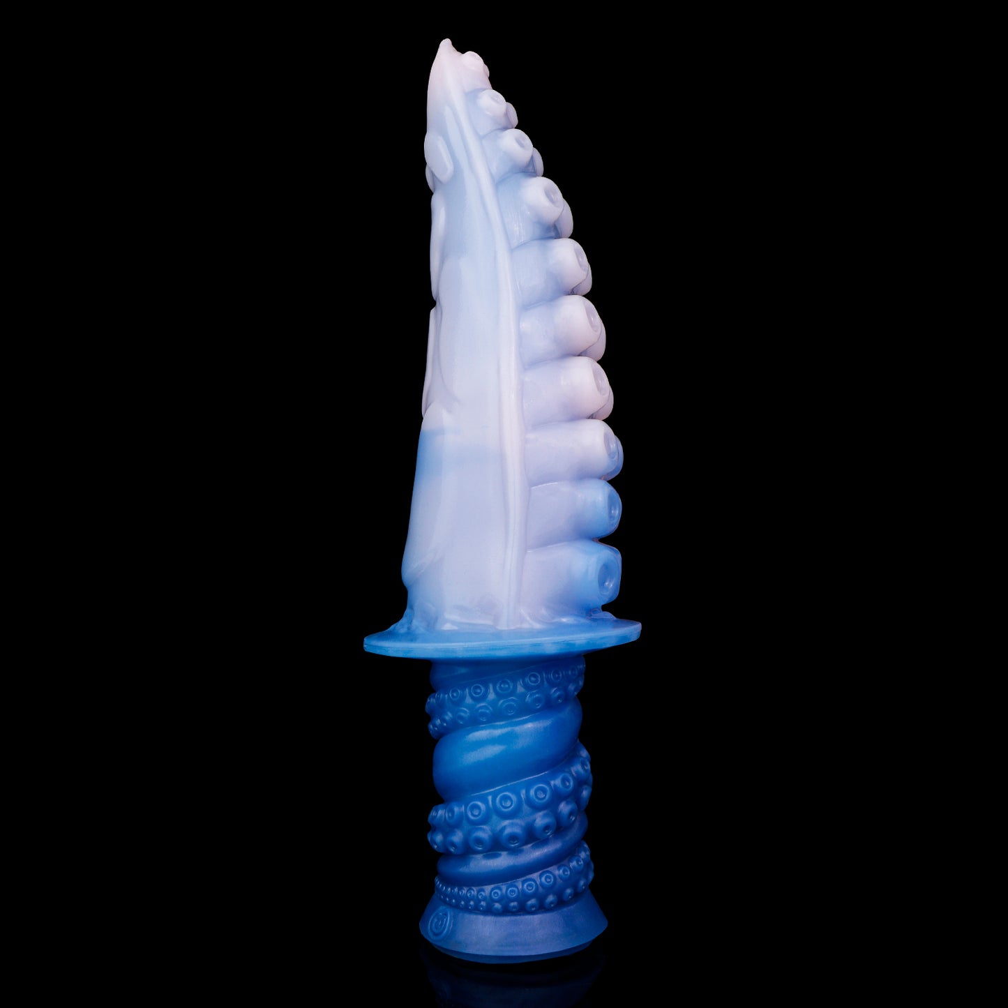 Moros the Deep One dildo, Flux colorway, standing upright showing the ribbed side of the coiled shaft
