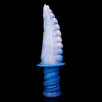 Moros the Deep One dildo, Flux colorway, standing upright showing the ribbed side of the coiled shaft