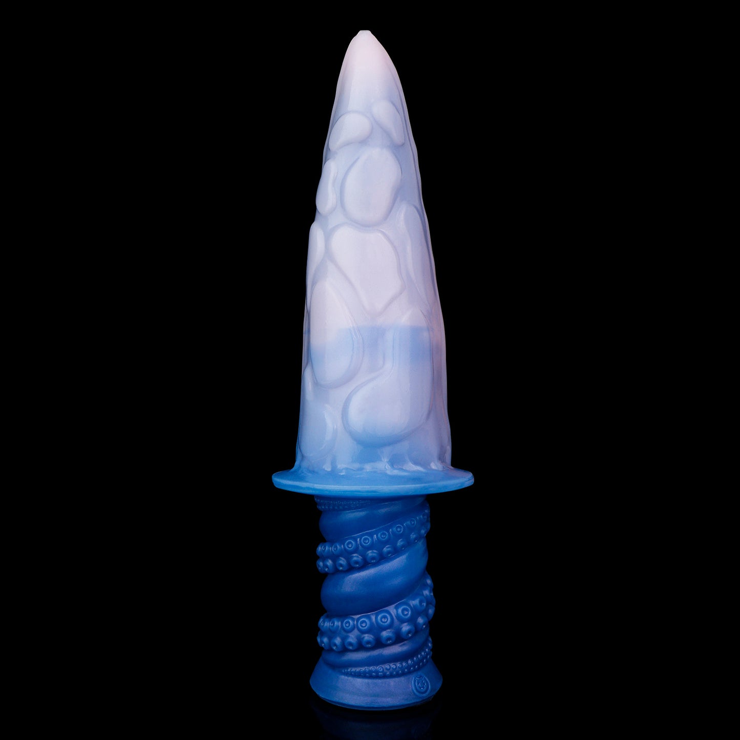 Moros the Deep One dildo, Flux colorway, standing upright showing the deep indigo-blue base fading into a soft, luminous pale pink tip