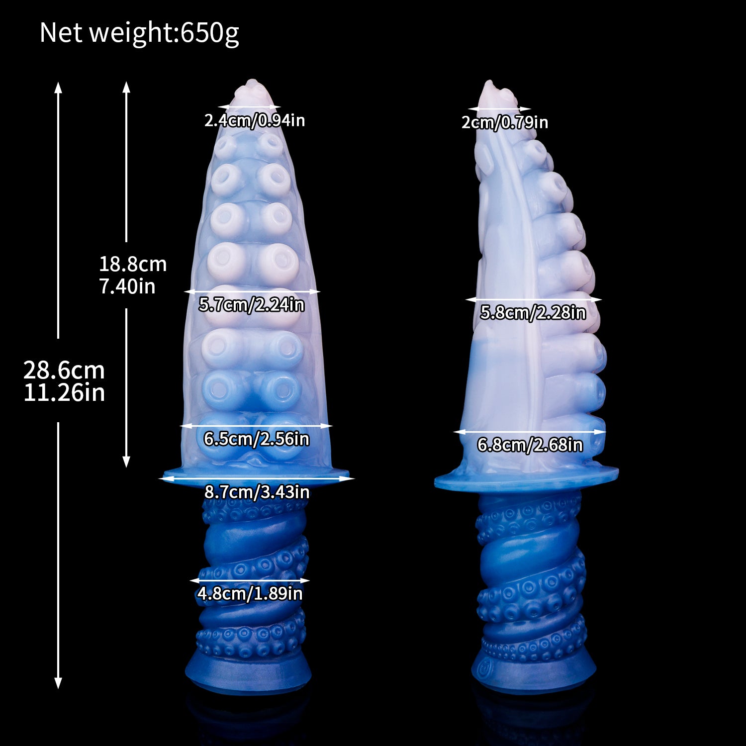 Moros the Deep One dildo, Flux colorway, size chart with insertable length, total length, diameter and weight measurements