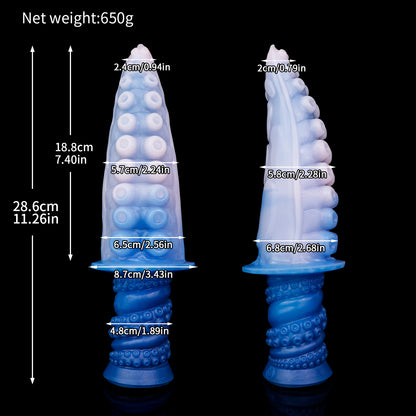 Moros the Deep One dildo, Flux colorway, size chart with insertable length, total length, diameter and weight measurements