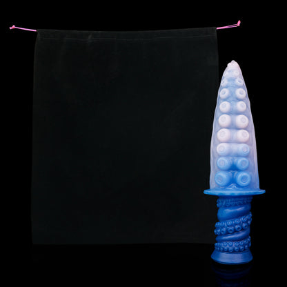 Moros the Deep One dildo, Flux colorway, shown alongside the included black Lunara's Realm storage pouch
