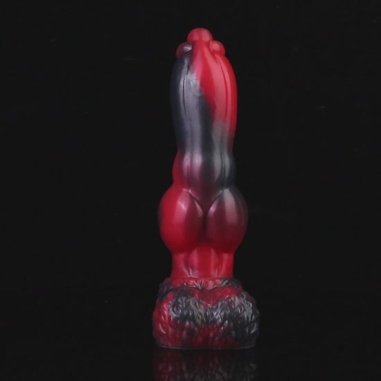 Evren the Moonfang dildo, Havoc colorway, product video showing the piece standing on its fur-textured suction base