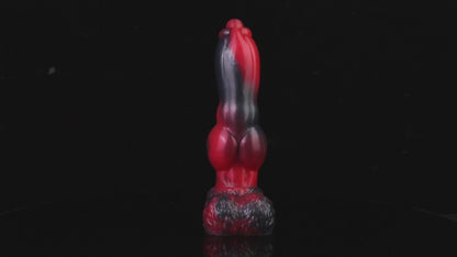 Evren the Moonfang dildo, Havoc colorway, product video showing the piece standing on its fur-textured suction base